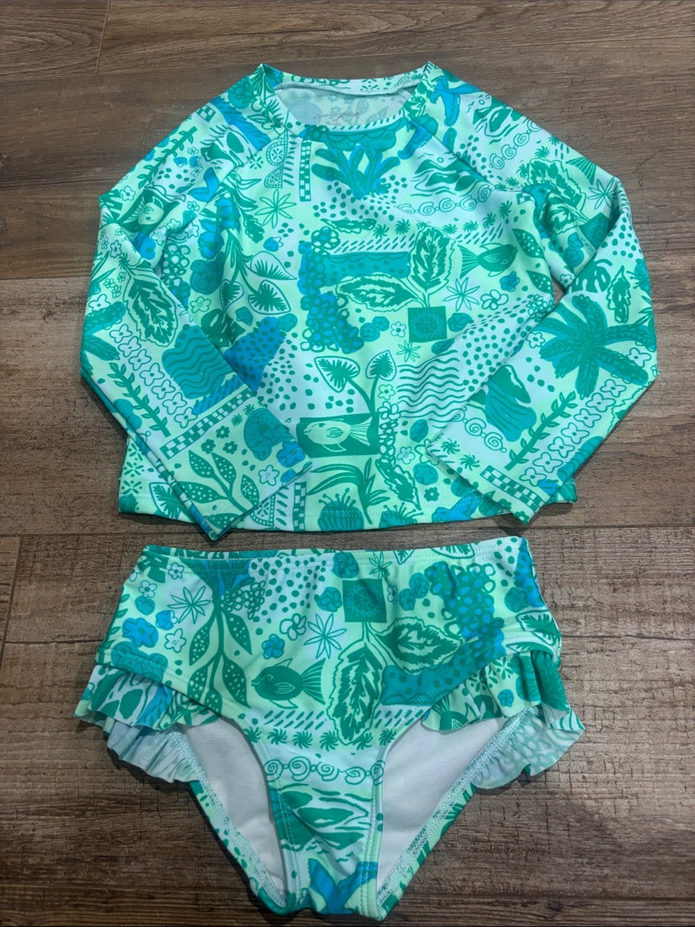 Cat & Jack Teal Green Printed Long-Sleeve Rashguard Swim Set